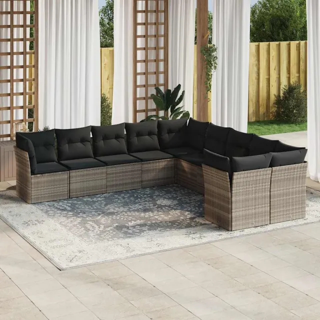 vidaXL 10-delige Loungeset met kussens poly rattan lichtgrijs grijs, foto 2