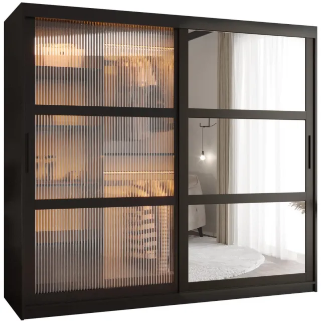 AJE Meubles B.V. Zweefdeurkast Kledingkast met 2 schuifdeuren glanzen slaapkamerkast Kledingstang met planken Garderobekast met geribbeld glas - ARTON 2 (200 cm, Zwart)