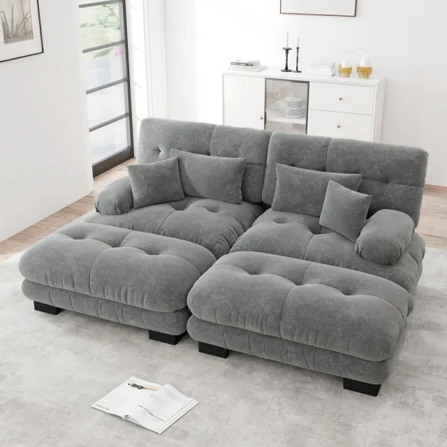 MODFU Modulaire Bank Met Verplaatsbare Ottomans - Brede Armleuningen - Vintage Ontwerp - Woonkamer - Chenille - Grijs