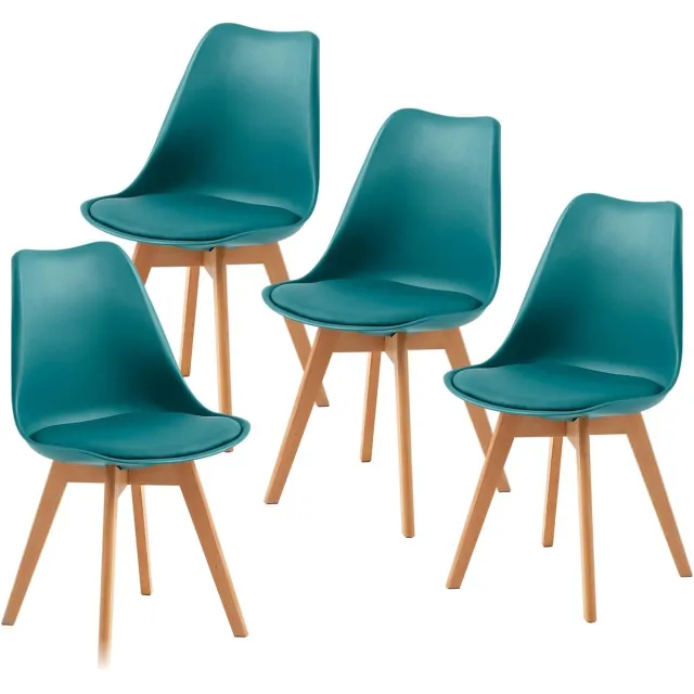 J.T.R Eetkamerstoelen-Eetkamerstoelen set van 4- gevoerde zitting van PU-leer-vintage stijl- met massief beukenhouten poten-Turkoois.