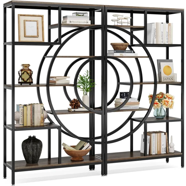 Velmio Boekenkast industrieel - boekenrek - wandrek - bruin/zwart - hout/metaal - 30x9x175 - met 5 lagen - open Zwart/Bruin