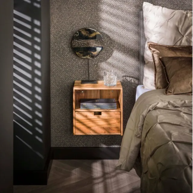 Meubelplaats Plano XS - Zwevende nachtkastjes set van 2 - 1 lade per kastje en open vak - Acaciahout naturel - 30 cm breed - 30x25x30 cm massief acacia naturel