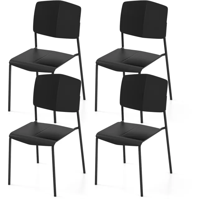 Costway Eetkamerstoelset van 4 stoelen, keukenstoelen met rugleuning, brede PP-zitting en metalen poten, stapelbare keukenstoel voor eetkamer, woonkamer, kantoor (zwart)