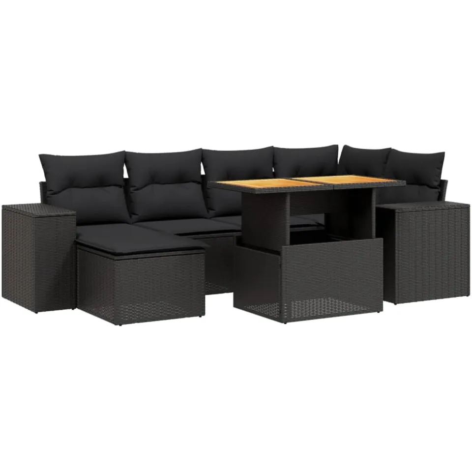vidaXL 7-delige Loungeset met kussens poly rattan zwart