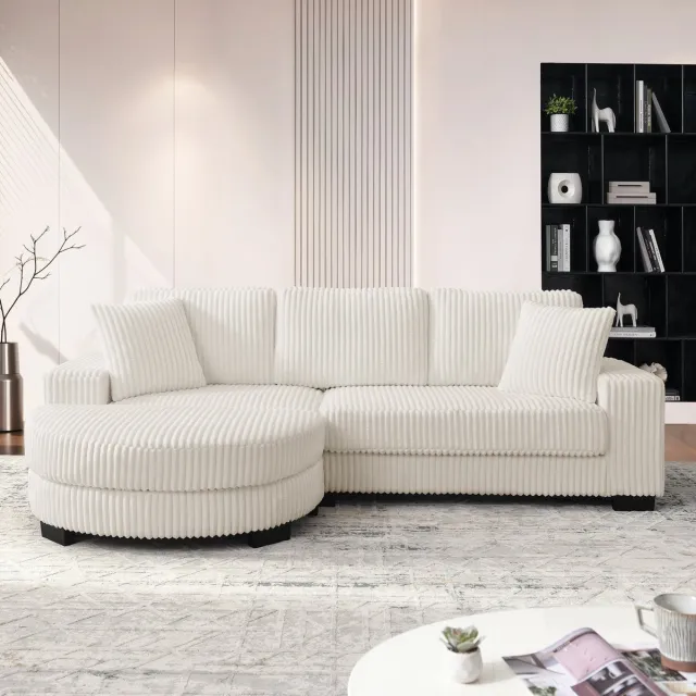MIVRAY Hoekbank 256,5 x 133,5 x 89 cm - Modulair Met Verwisselbare Ovale Hocker - Woonkamer En Kantoor - Cord Beige