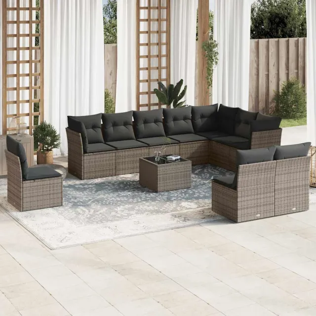 vidaXL 11-delige Loungeset met kussens poly rattan grijs, foto 2