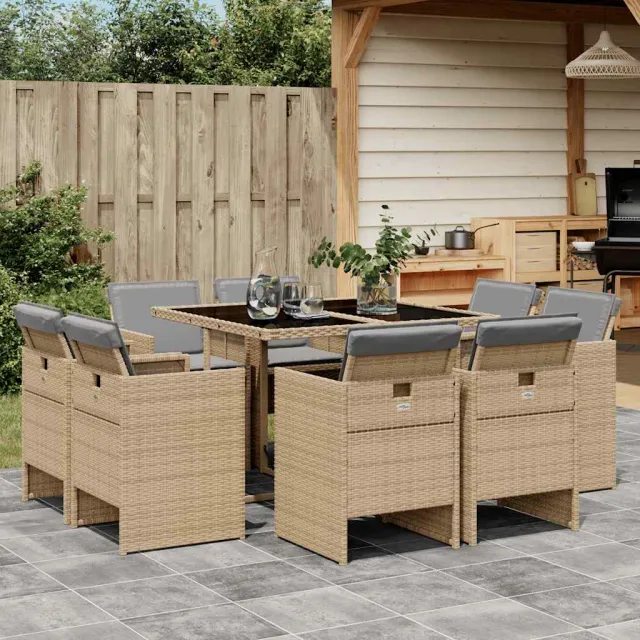 vidaXL 9-delige Tuinset met kussens poly rattan gemengd beige, foto 2