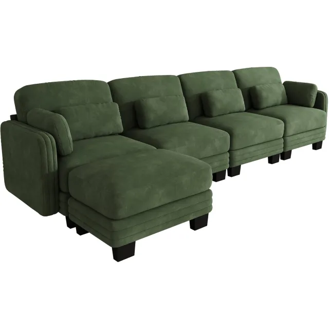 Wishdor 4-zits hoekbank - Modulair ontwerp in L-vorm met losse voetenbank - Verplaatsbare lenden- en armkussens - Woonkamer en appartement - Chenille bekleding - Groen - 330 x 143 x 88 cm