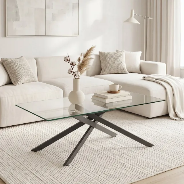 HAUSS SPOLE Salontafel - Rechthoekig Met Gehard Glazen Tafelblad - Zwart Metalen Onderstel - Modern Voor de Woonkamer - 100x60x46 Cm