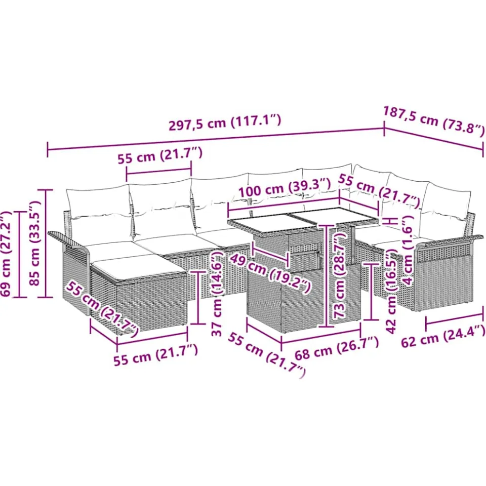 vidaXL Tuin Sofa Set 9 st Beige en Licht Grijs, foto 3