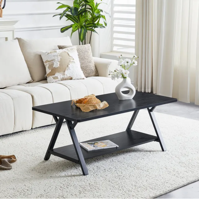 CHICFURN Salontafel 110 cm - Met opbergplank - X-vormig metalen frame - Zwart