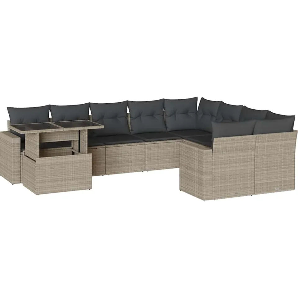 vidaXL 10-delige Loungeset met kussens poly rattan lichtgrijs grijs, foto 3