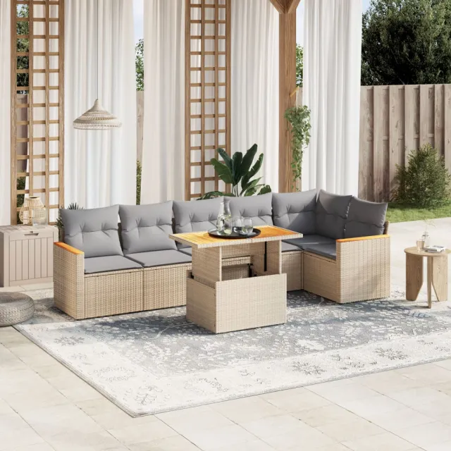 vidaXL 7-delige Loungeset met kussens poly rattan beige, foto 2