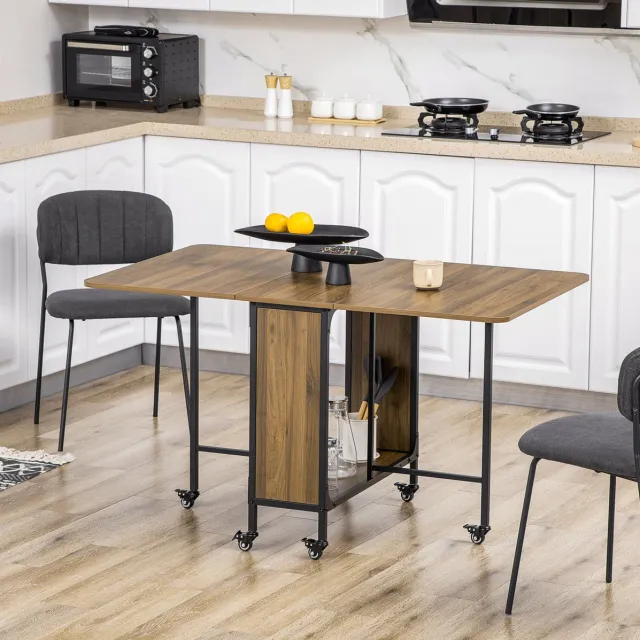 MEUNIQ klapbare eettafel 130 x 80 x 74 cm voor 6 personen, mobiel met 6 wielen en remmen, met opbergrek, opklapbare tafel voor keuken of eetkamer, bruin