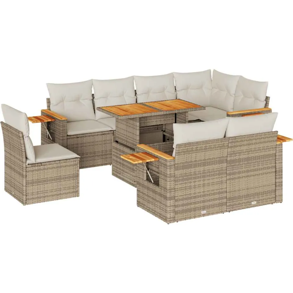 vidaXL 9-delige Loungeset met kussens poly rattan acacia beige, foto 3