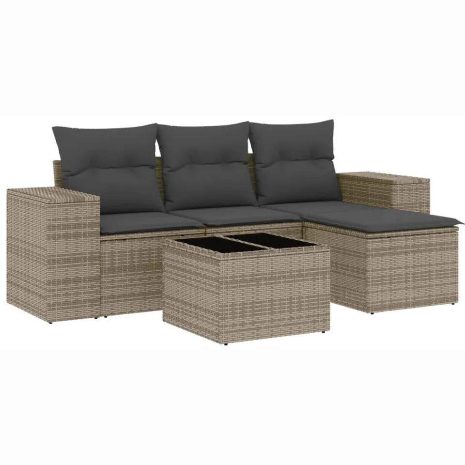 vidaXL 5-delige Loungeset met kussens poly rattan grijs, foto 3