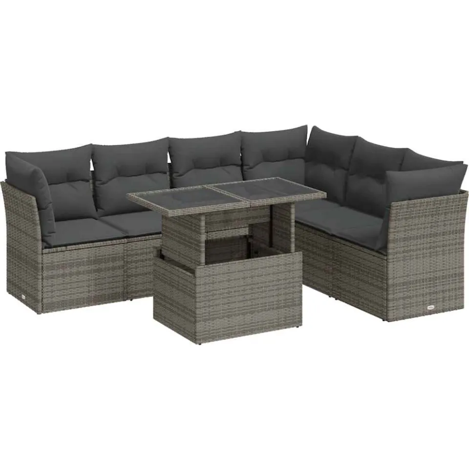 vidaXL 7-delige Loungeset met kussens poly rattan grijs, foto 3