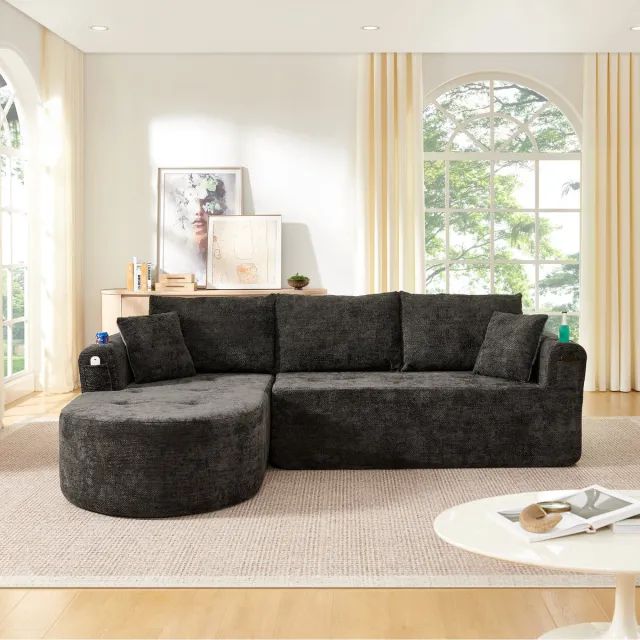 OKWISH Hoekbank L-Vorm - Met Rvs Bekerhouder En Opbergvakken - Cloud Comfort Voor Woonkamer - Stof - Zwart