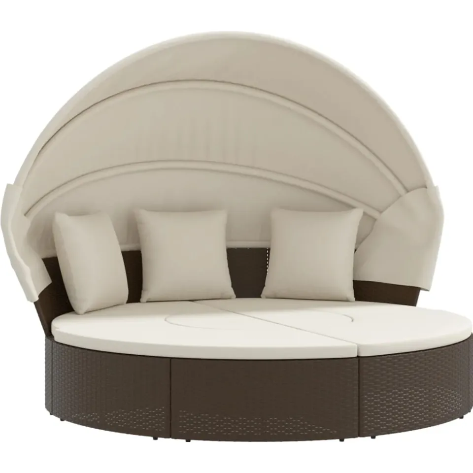 vidaXL Loungebed met luifel en kussens poly rattan bruin, foto 3