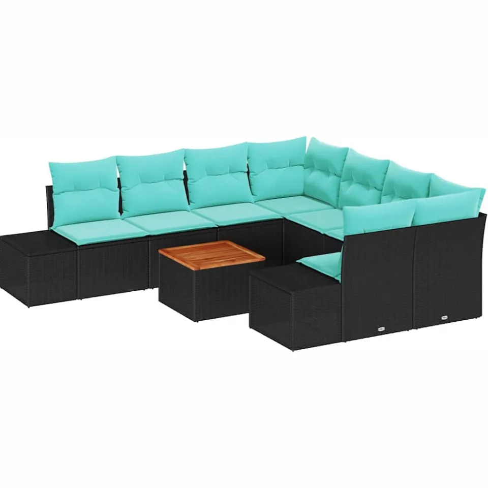 vidaXL Tuinbankenset 9 st Zwart en Turquoise poly rattan