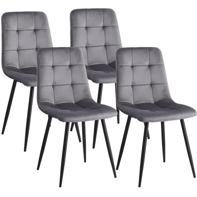 Whoopr® Set van 4 Fluwelen Eetkamerstoelen – Moderne Gestoffeerde Keukenstoelen met Metalen Poten – Minimalistische Design Stoelen voor Eetkamer, Woonkamer & Kantoor Grijs