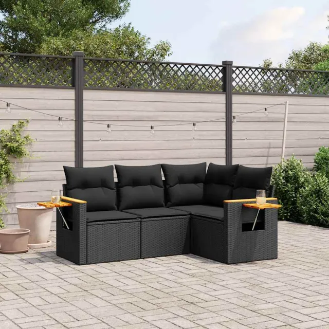 vidaXL 4-delige Loungeset met kussens poly rattan zwart, foto 2
