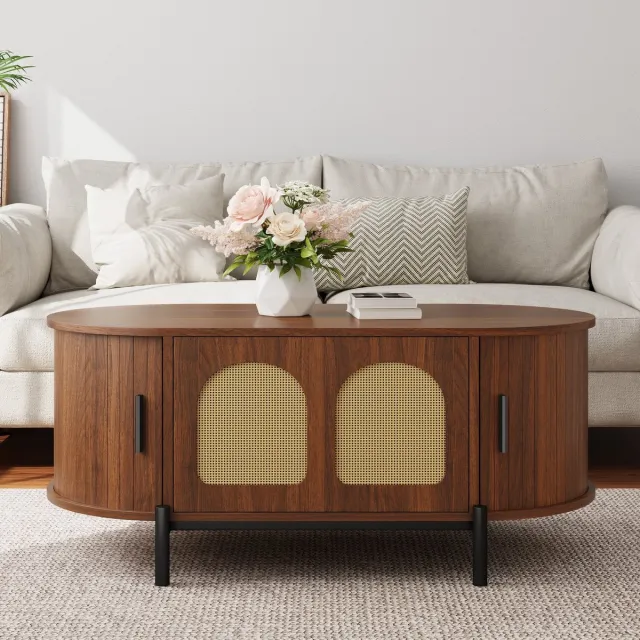 DESMIU Salontafel Ovaal Met Rattan Schuifdeuren En Opbergruimte - Walnootkleur - MDF En Metalen Poten - 100x50x40 Cm Walnut