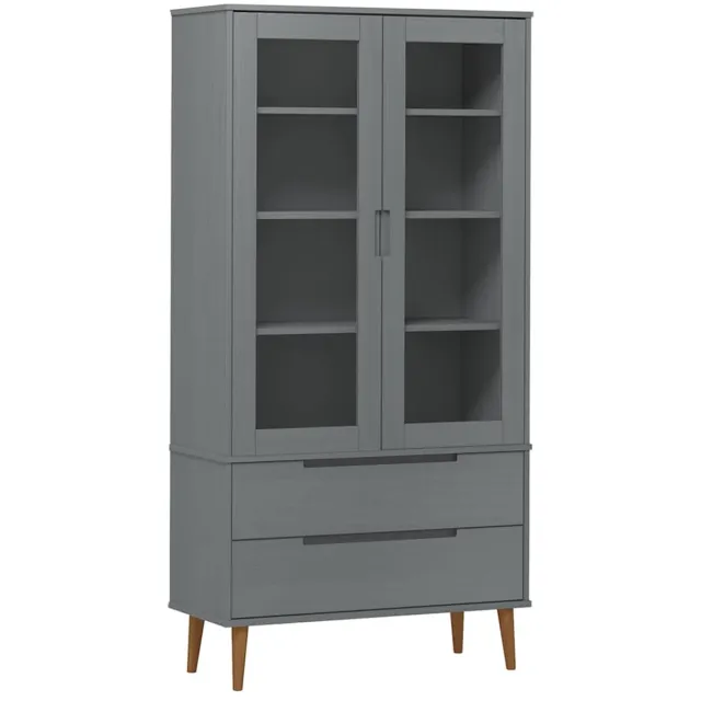 vidaXL Vitrinekast - MOLDE - 90x35x175 - cm - massief - grenenhout - grijs