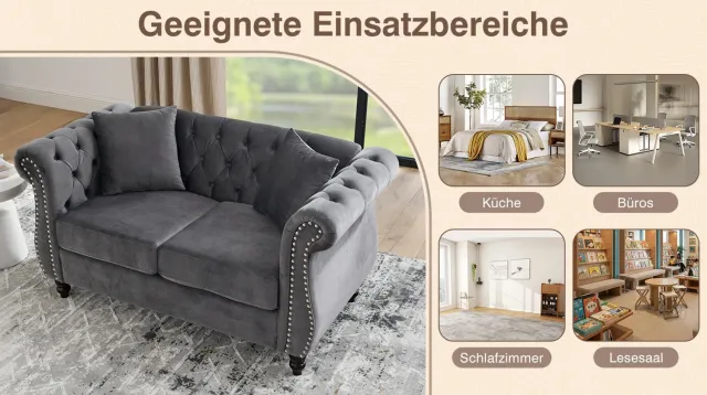 REDOM Chesterfield 2-zitsbank - Fluweel, gecapitonneerde rugleuning en siernagels - Grijs