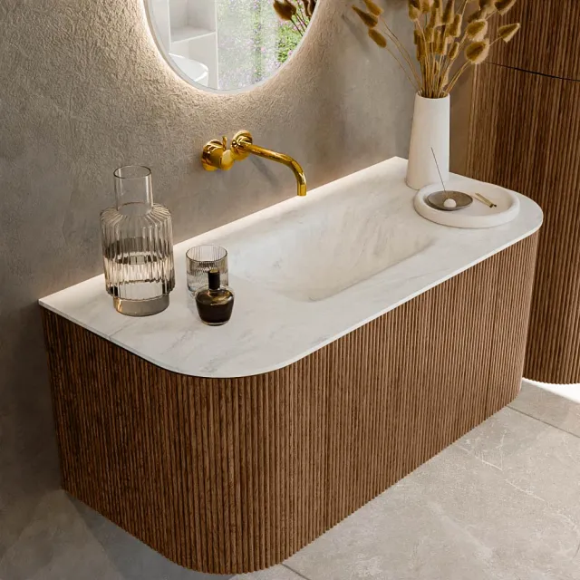 Mondiaz KURVE-DLUX 100 cm Onderkast Greeploos 1 Lade Met Deuren Walnut, Wastafel Solid Surface MIdden Opalo 0 Kraangaten Zonder Spiegel (KRVGRU100L+R1L2D0KM-Wal/Opa)