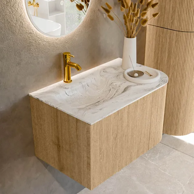 Mondiaz KURVE-DLUX 75 cm Onderkast Greeploos 1 Lade Met Deuren Oak, Wastafel Solid Surface Links Glace 1 Kraangat Zonder Spiegel (KRVGRU75R1L1D1KL-Oak/Gla)