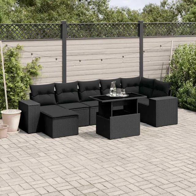 vidaXL 8-delige Loungeset met kussens poly rattan zwart, foto 2