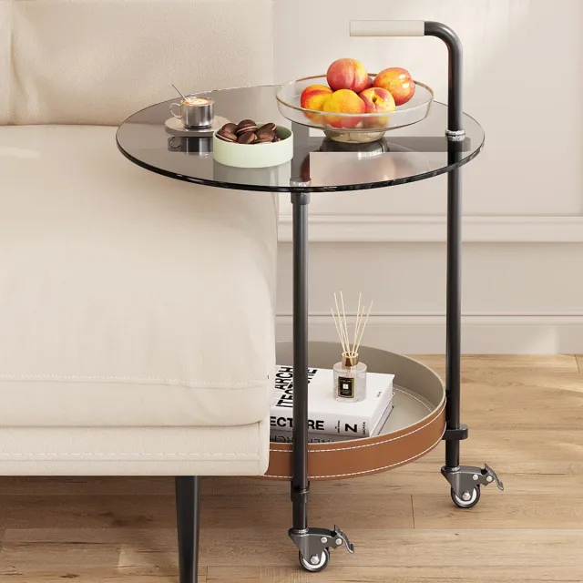 GUYII Meubels Bijzettafels 50*51.2cm,Modern Bank Bijzettafels,Multifunctionele Bijzettafel met Wielen voor Woonkamer,Keuken,slaapkamer,hoeken en kantoor Grijs glasoppervlak