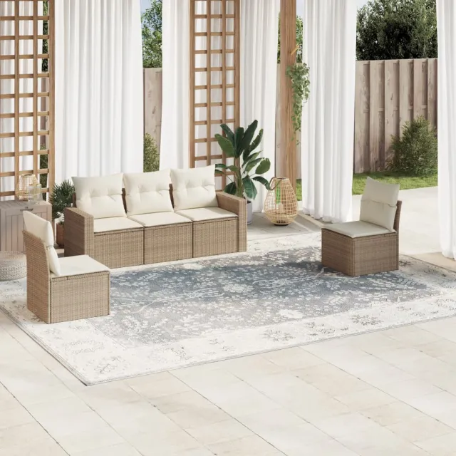 vidaXL 5-delige Loungeset met kussens poly rattan beige, foto 2