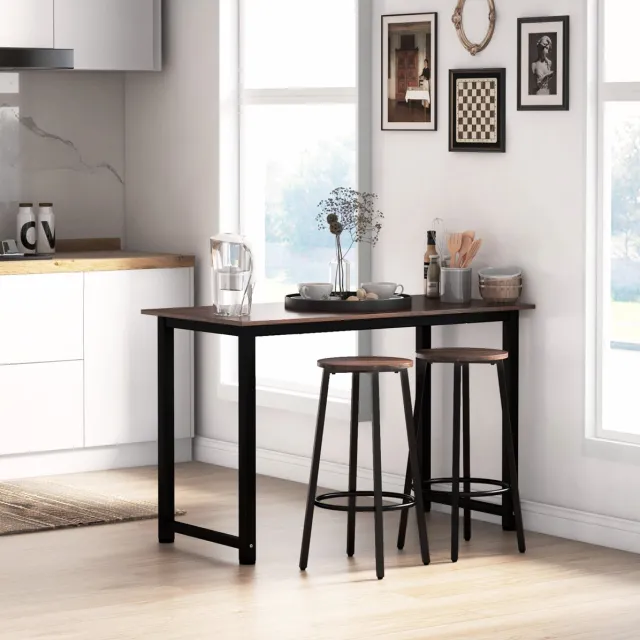 MEUNIQ barkruk set van 2 42 x 42 x 65 cm met ronde voetsteun, industrieel keukenkrukje met zwart metalen frame en bruine zitting in houtlook