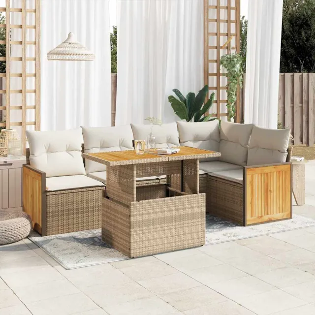 vidaXL 6-delige Loungeset met kussens poly rattan acacia beige, foto 2