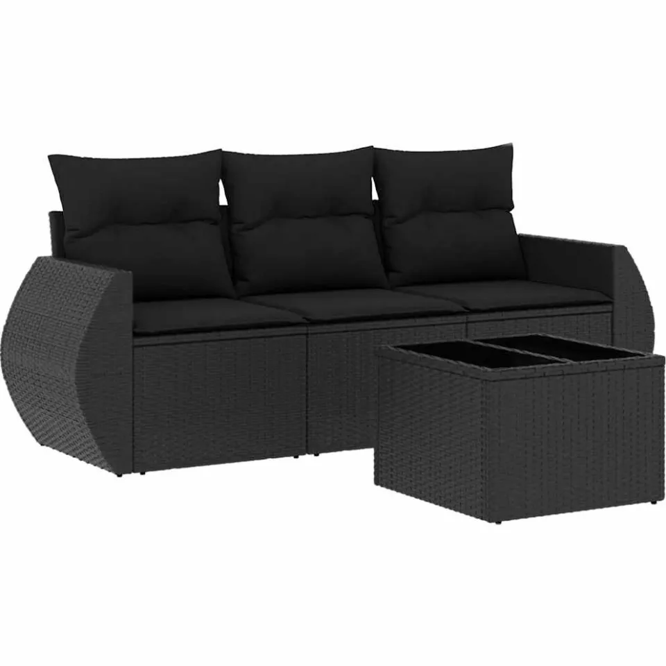 vidaXL 4-delige Loungeset met kussens poly rattan zwart, foto 3