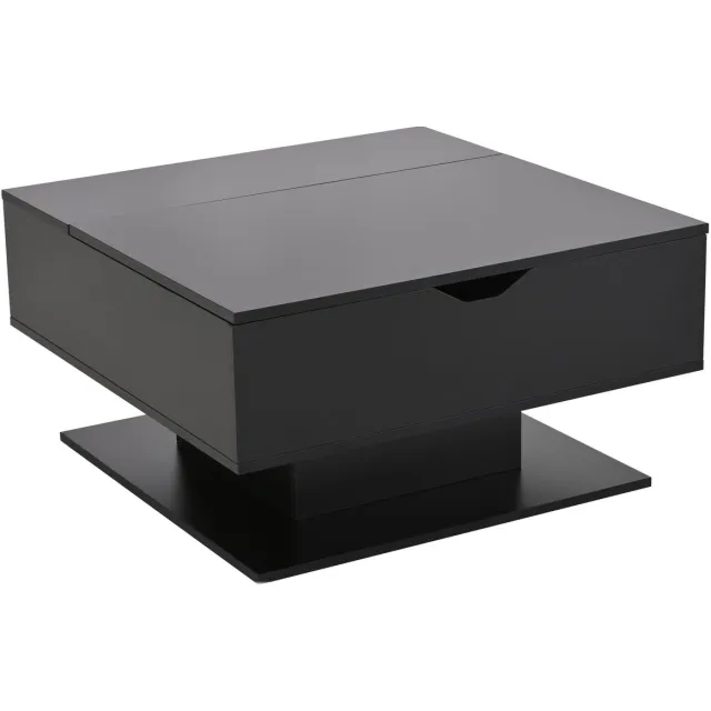 MODFU Zwarte hoogglans salontafel 80x77x40 cm met hydraulische lift, halfopen opbergruimte en geometrisch ontwerp