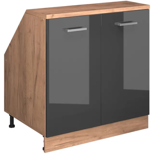 Vicco R-Line Keukenkast voor schuine wand – 80 cm met 2 deuren, kastromp 60 cm diepte Antraciet Hoogglans Antraciet Hoogglans/Goudkleurig Eiken