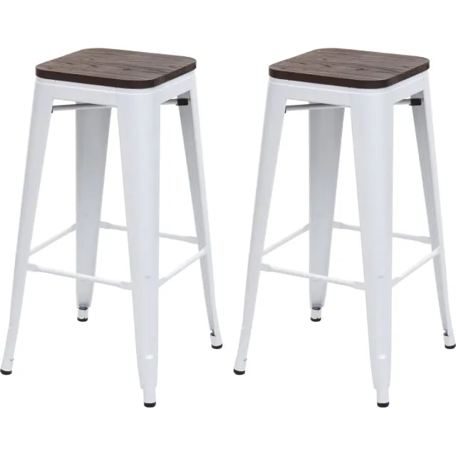 Cosmo Casa Set Van 2 Barkrukken - Inclusief Houten Zitting - Barkruk - Tellerkruk - Metaal - Industrieel Design - Stapelbaar - Wit