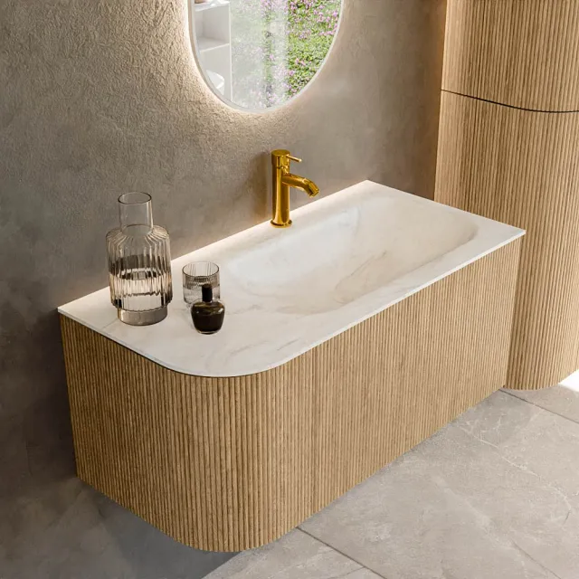 Mondiaz KURVE-DLUX 95 cm Onderkast Greeploos 1 Lade Met Deuren Oak, Wastafel Solid Surface Rechts Ostra 1 Kraangat Zonder Spiegel (KRVBGS95L1L1D1KR-Oak/Ost)