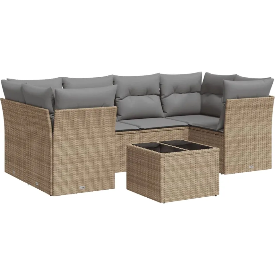 vidaXL 7-delige Loungeset met kussens poly rattan beige, foto 4