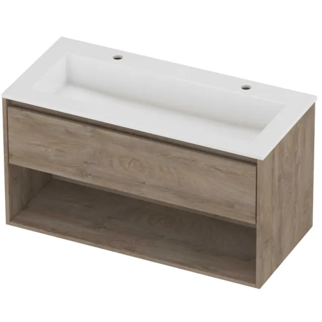 Proline Aristo Badmeubelset Polystone Elegant Met Schap 100x46x54 cm Glans Wit Raw Oak Eiken
