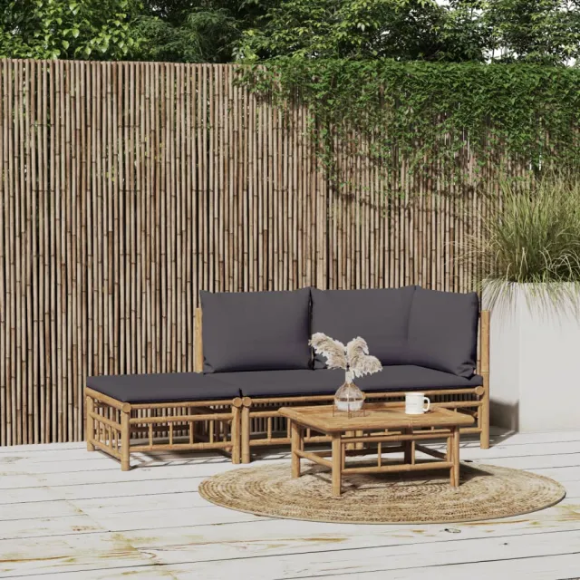 vidaXL 3-delige Loungeset met kussens bamboe donkergrijs bruin, foto 2