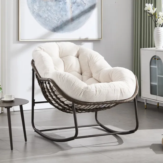 HAUSS SPOLE Schommelstoel Van Handgeweven Rotan Met Zacht Velvet Zitkussen En Stalen Frame Voor Terras Tuin En Woonkamer Wit