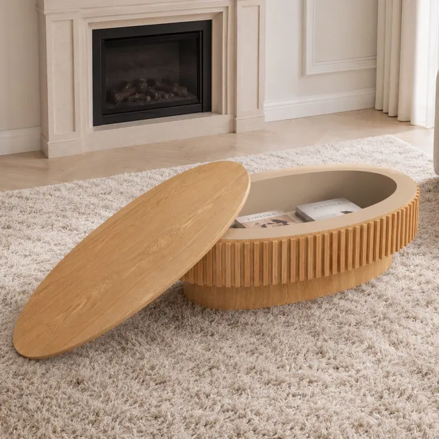 FloraGrace Salontafel - Ovale Tafel Met Verborgen Opbergruimte - Voor Woonkamer En Slaapkamer - Hout En MDF - 98x60x35 Cm - Naturel Hout Natuurlijk hout