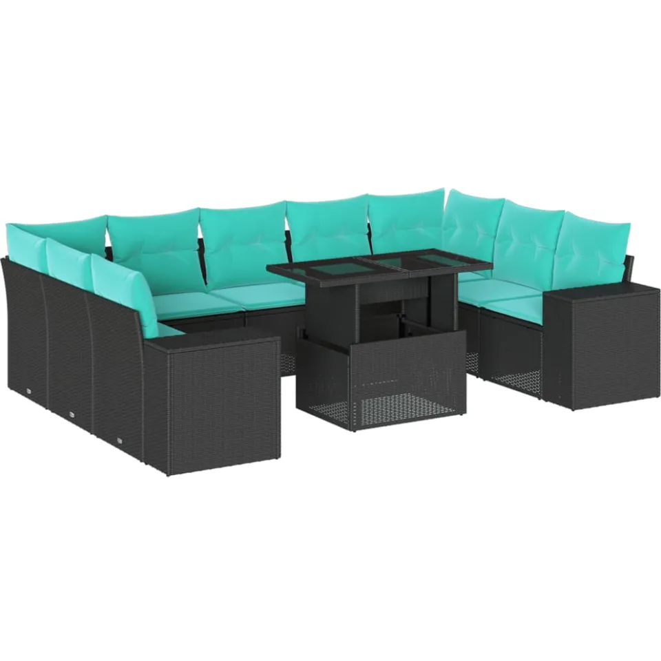 vidaXL 10-delige tuinbankset met kussens van zwart polyrotan, foto 3