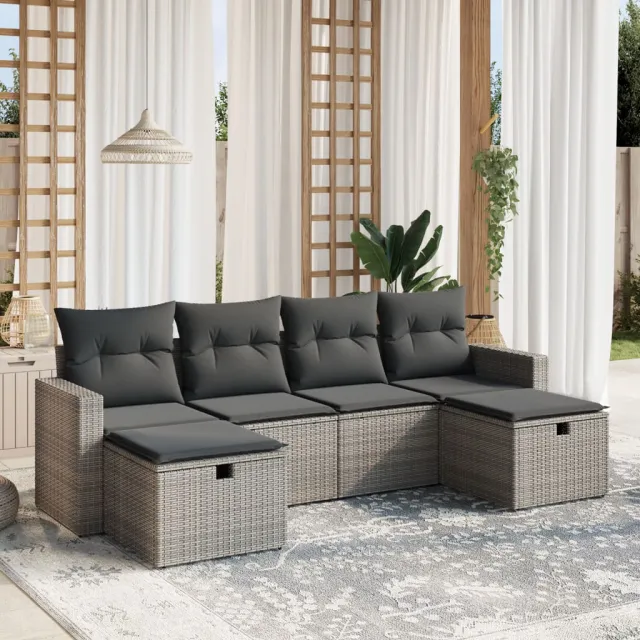vidaXL 6-delige Loungeset met kussens poly rattan grijs, foto 2
