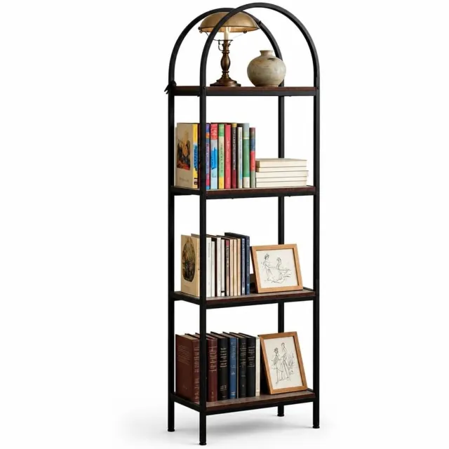 HOERFURIY Moderne vrijstaande boogvormige boekenkast, 4 open planken zwart frame bruin blad 60x28x180cm zwart en bruin