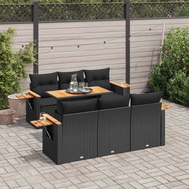 vidaXL 7-delige Loungeset met kussens poly rattan acacia zwart, foto 2